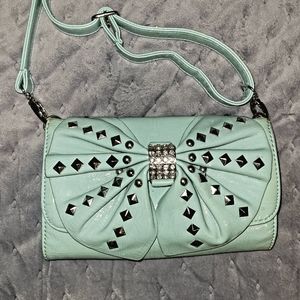 Blue Studded Bow Clutch Bag
